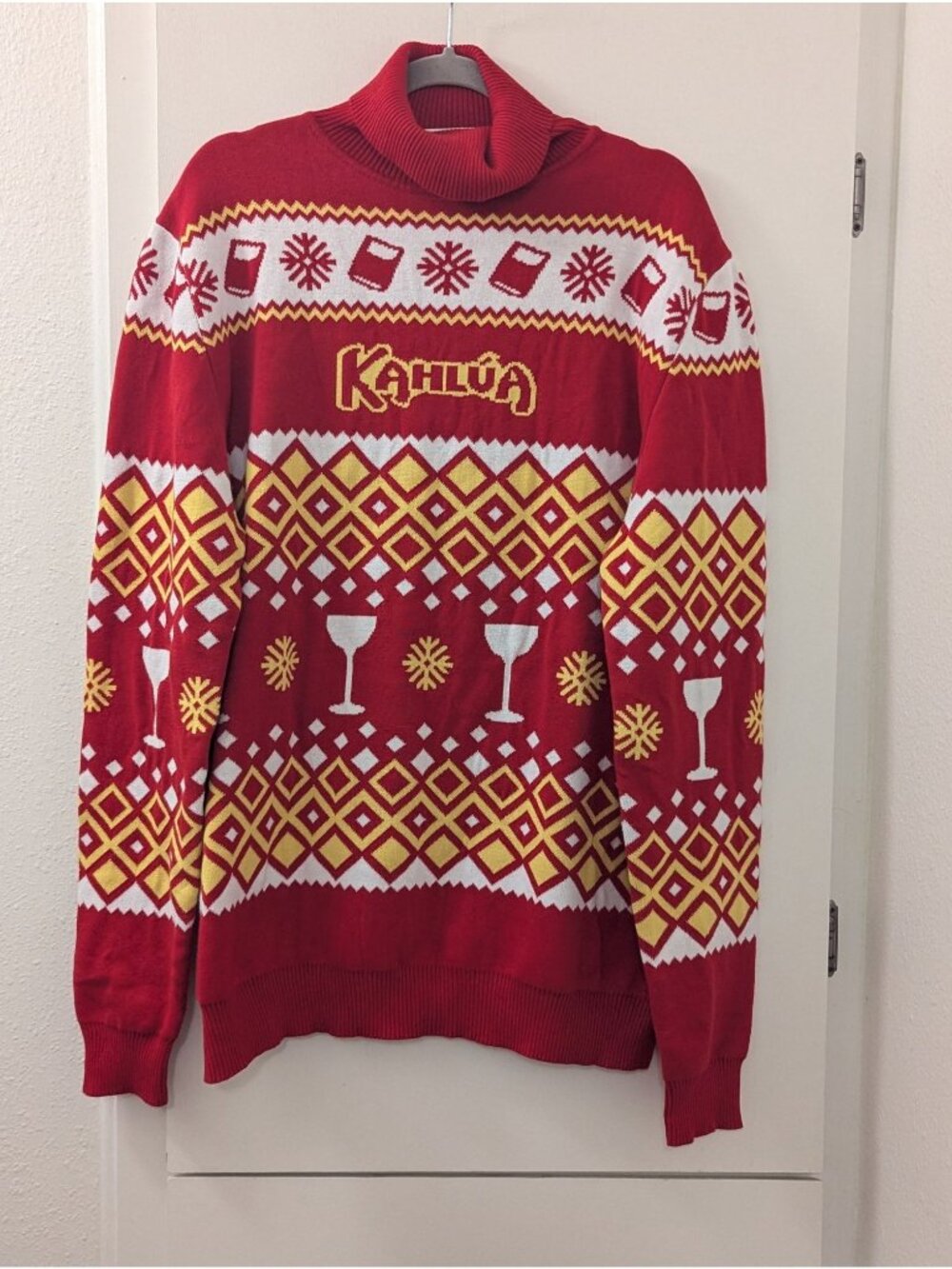 Kahlua XXL Red & Yellow Ugly Christmas Sweater 100% Cotton With Festive Glass &